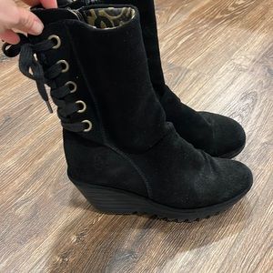 Womens Fly London Yada Wedge Heel Oil Suede Black Winter Mid Calf Boots